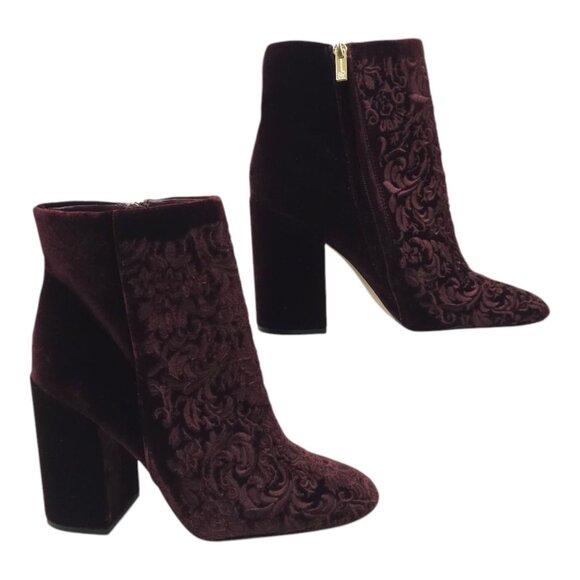 Jessica Simpson Wovella Velvet Embroidered Ankle Boots Women 9 Maroon Wine Block - Picture 2 of 16
